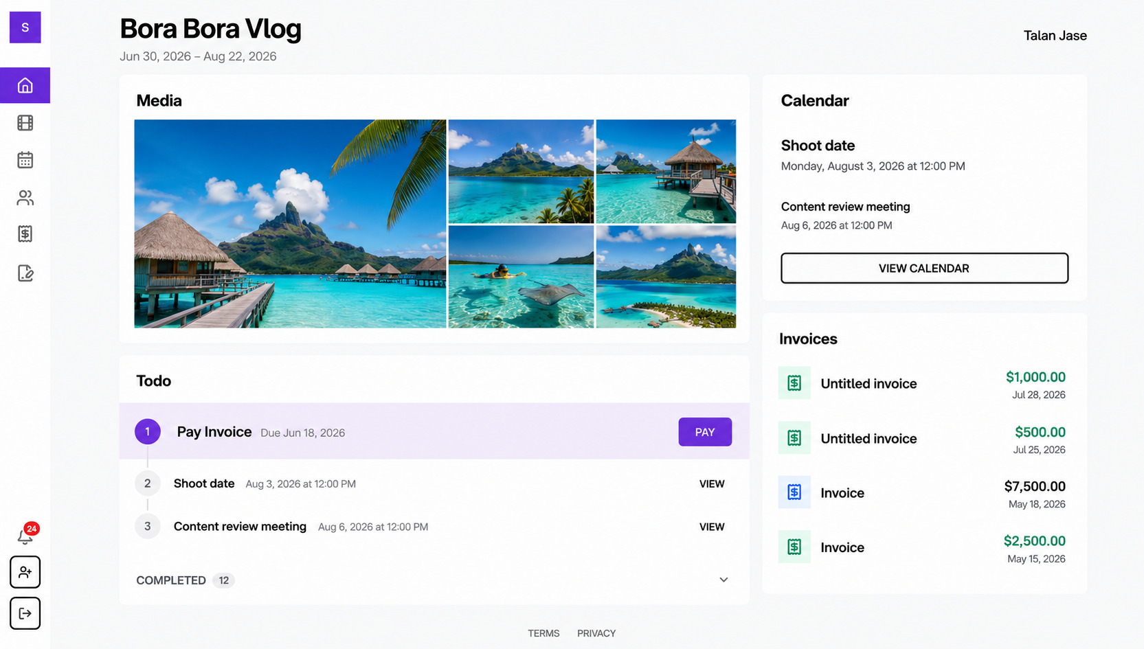 The Bora Bora Vlog dashboard open in a Sunroom client portal in a web browser, with media, calendar, invoices, and next steps.
